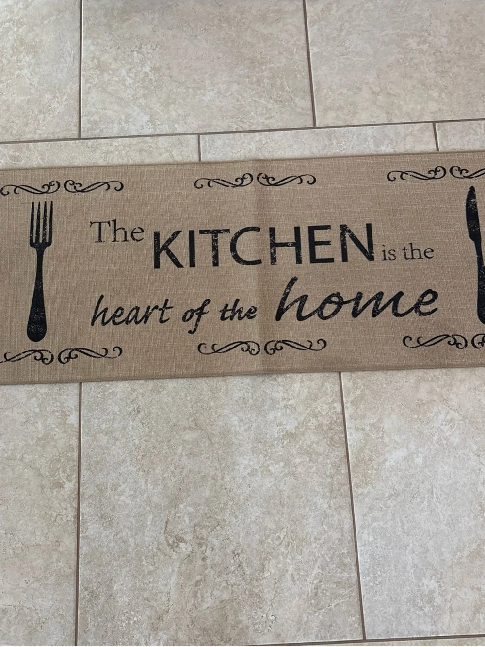 Kitchen Runner Mat - Natural Burlap with Black Text